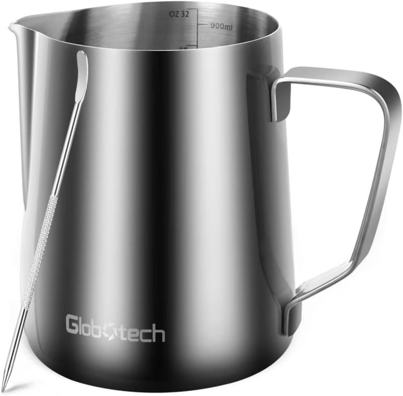 GLOBOTECH 32 Oz Milk Frothing Pitcher - 900ml Milk Frother Cup, Milk Steamer Cup, Stainless Steel Espresso Steaming Pitchers, Latte Art Cups, Milk Pitcher for Espresso Machine - Image 1